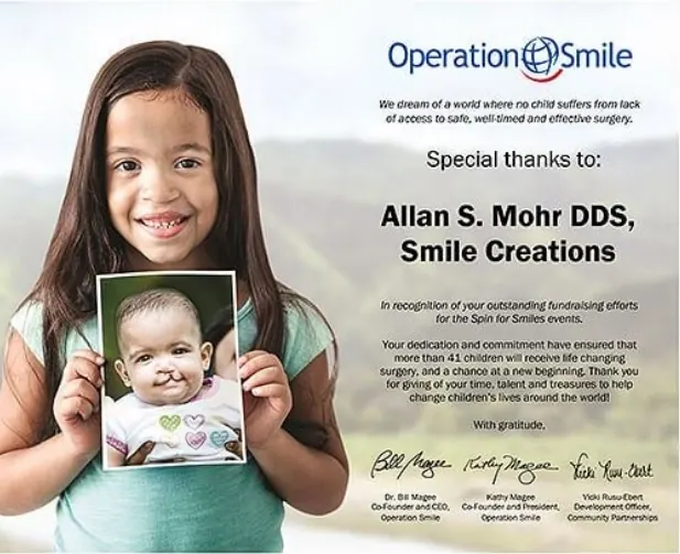 An Operation Smile thank-you poster addressed to Allan S. Mohr DDS, Smile Creations, for the Spin for Smiles fundraising.